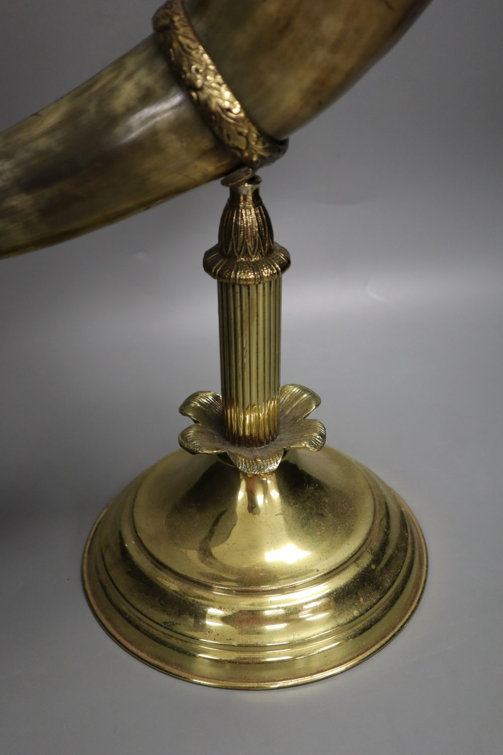 A brass oil lamp, with horn stem, 23in.